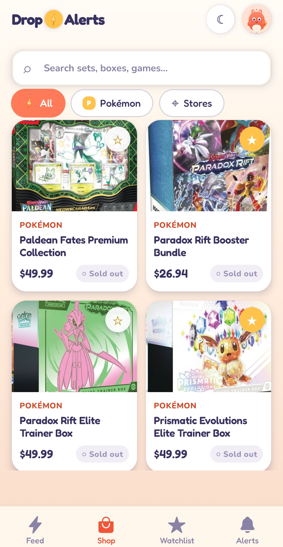 Drop Alerts app — Shop screen showing tracked TCG products